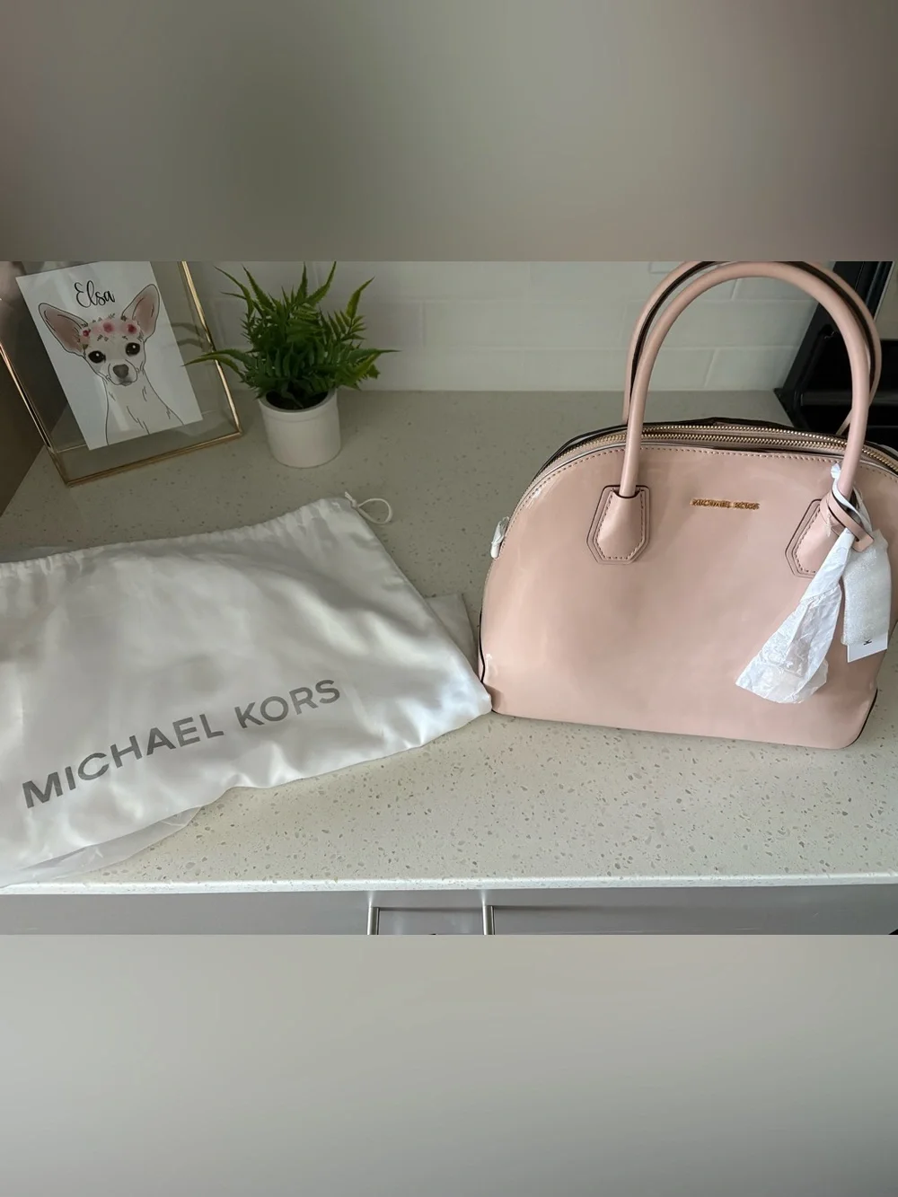 MICHAEL KORS Blush Patent Dome Satchel with Gold Logo